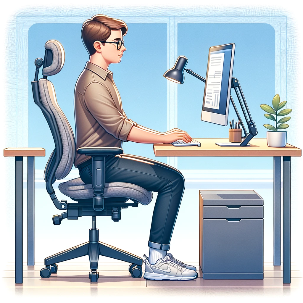 Cartoon man sits by his desk ergonomically